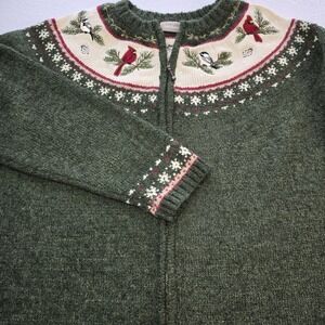 Croft & Barrow Vintage Green Zip Cardigan Embroidered Winter Bird Cardinal XL